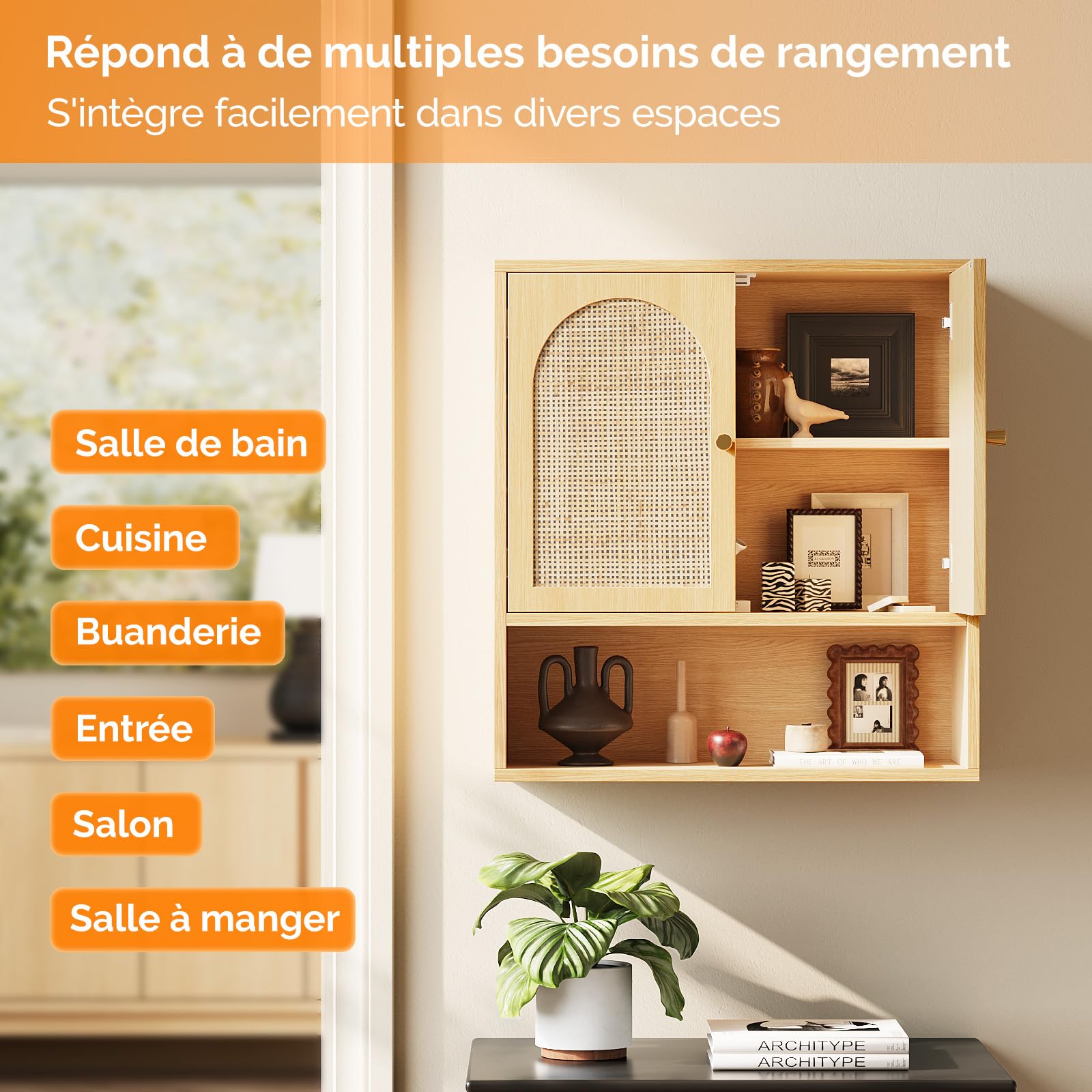 Bonnlo Armoire Murale de Salle de Bain en Rotin, 2 Portes & 1 Étagère, 58×20.4×62cm, Meuble de Rangement Suspendu en Chêne pour Salle de Bain, Cuisine, Salon