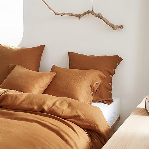 Miniatura 2 de Simple&amp;Opulence Juego de 2 fundas de almohada decorativas de lino 100 % lavado, 26 x 26 pulgadas, con botón de coco, funda de cojín de color sólido