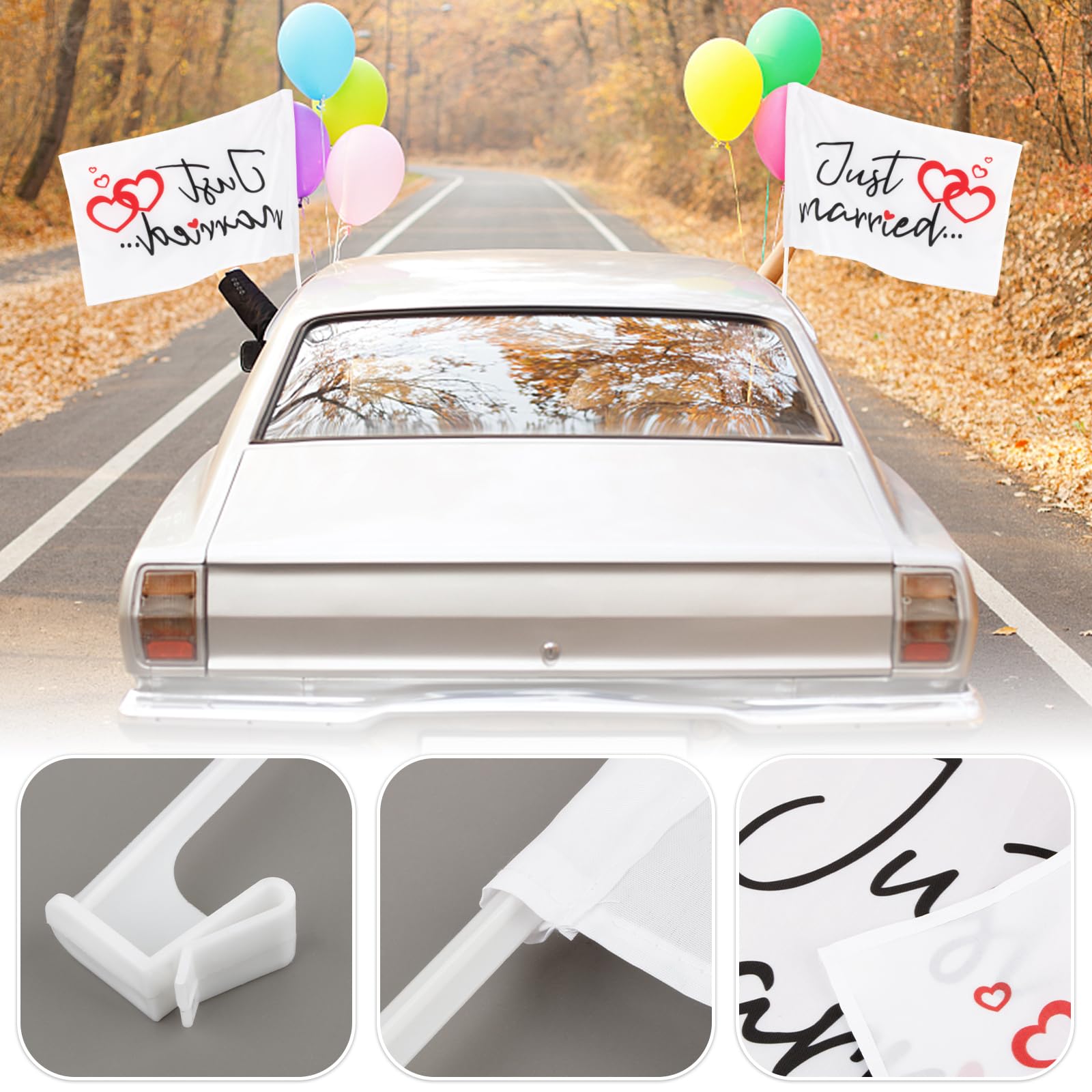BOFUNX 2pcs Just Married Flag Car Decoration Wedding Auto Bandiera Matrimonio