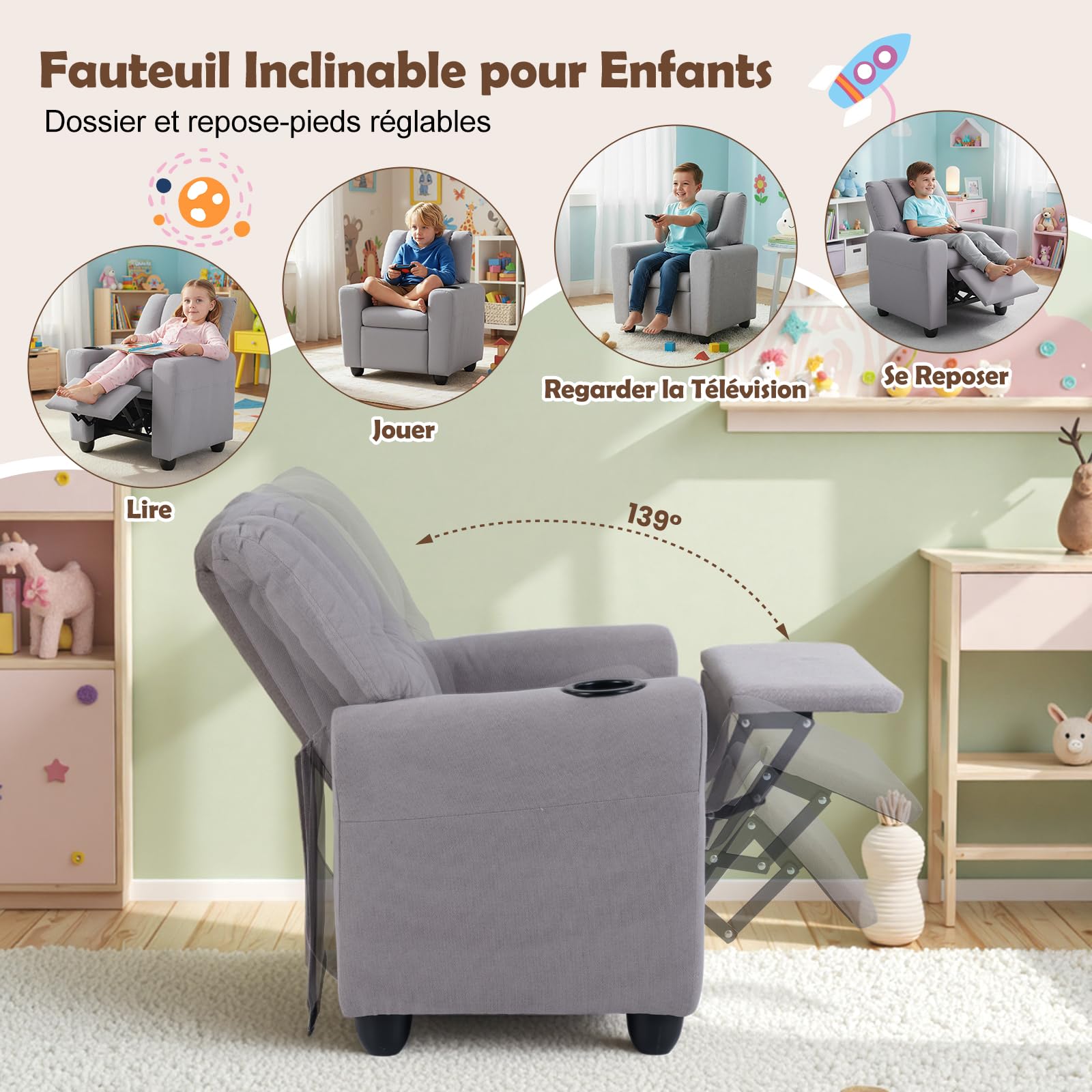 GOPLUS Fauteuil de Ralaxation Inclinable pour Enfant, Chaise de Détente Ergonomique avec Porte-gobelet, Dossier et Repose-Pieds Réglables, Surface en PU, Fauteuil Enfant 3+ Ans (Gris)