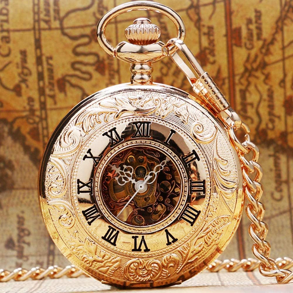 Montre de poche mécanique à remontage manuel couleur or rose avec cadran squelette style vintage