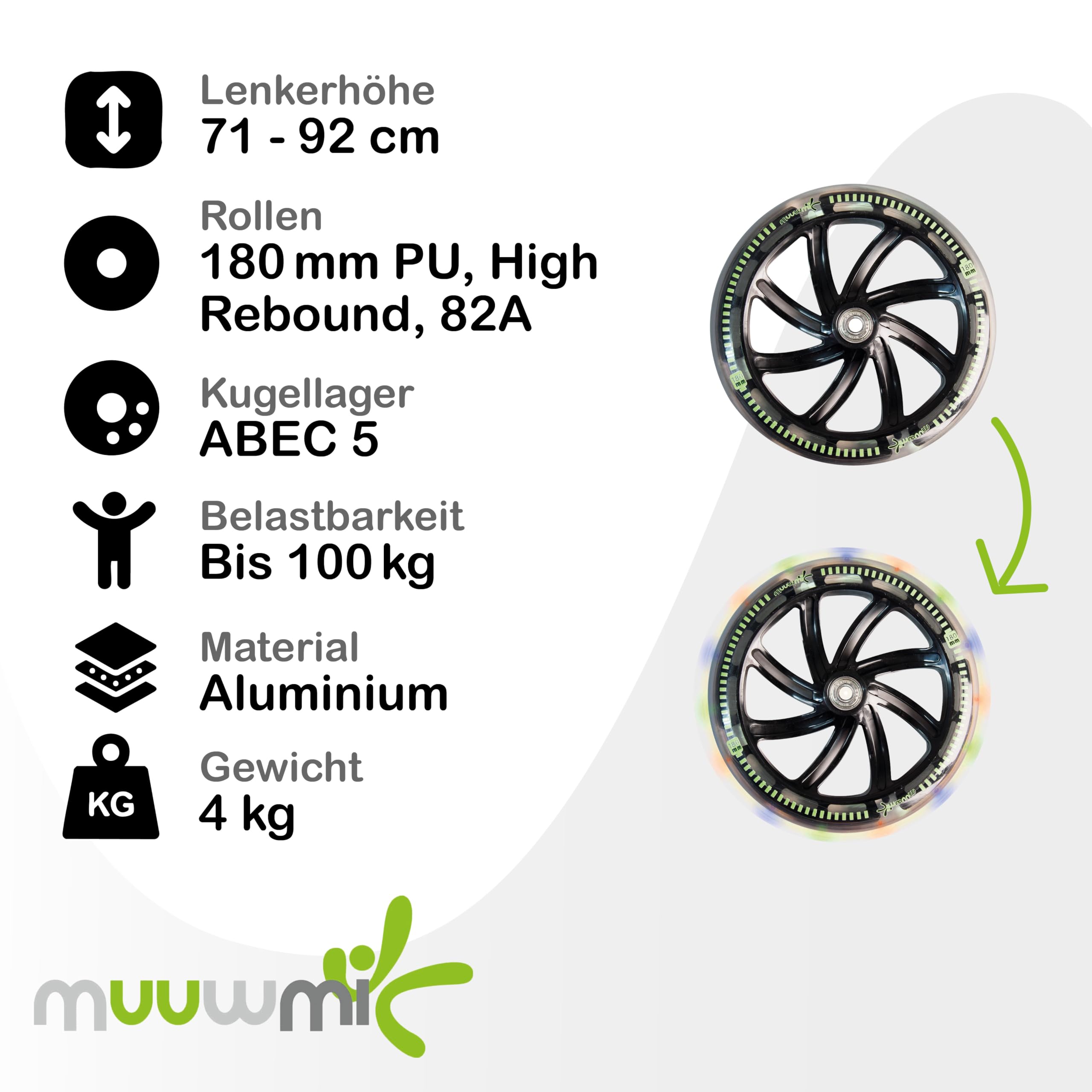Muuwmi Lights Aluminium Scooter - Höhenverstellbarer Lenker - Geeignet für Kinder - GS-Zertifiziert - Bis zu 100 kg - mit Leuchtrollen - Tretroller in grün-schwarz