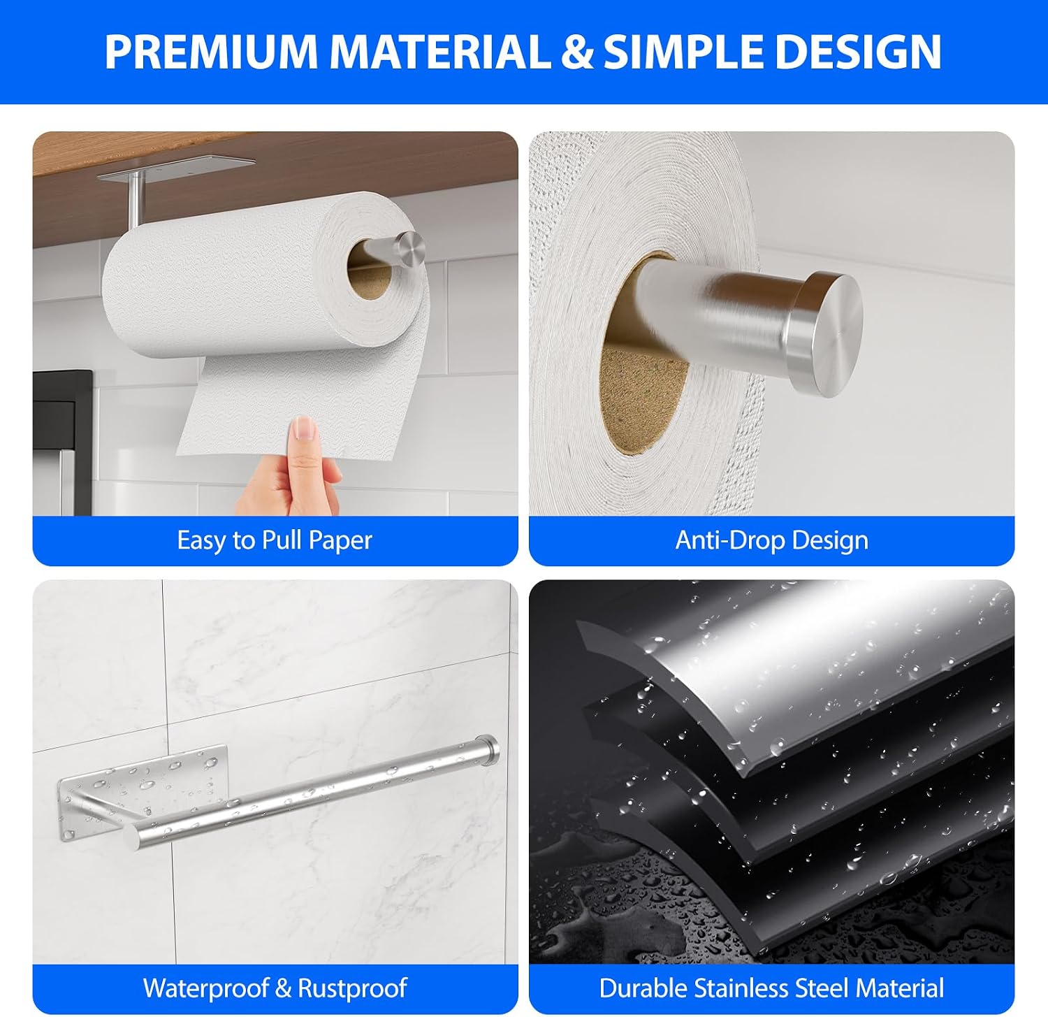 Paper Towel Holder Under Cabinet, Self-Adhesive,No Drilling, Stainless Steel, Wall-Mounted for Kitchen and Bathroom, Easy Install, Durable, Space-Saving, Ideal for Home, RV (Sliver, 1 Pack) image 3