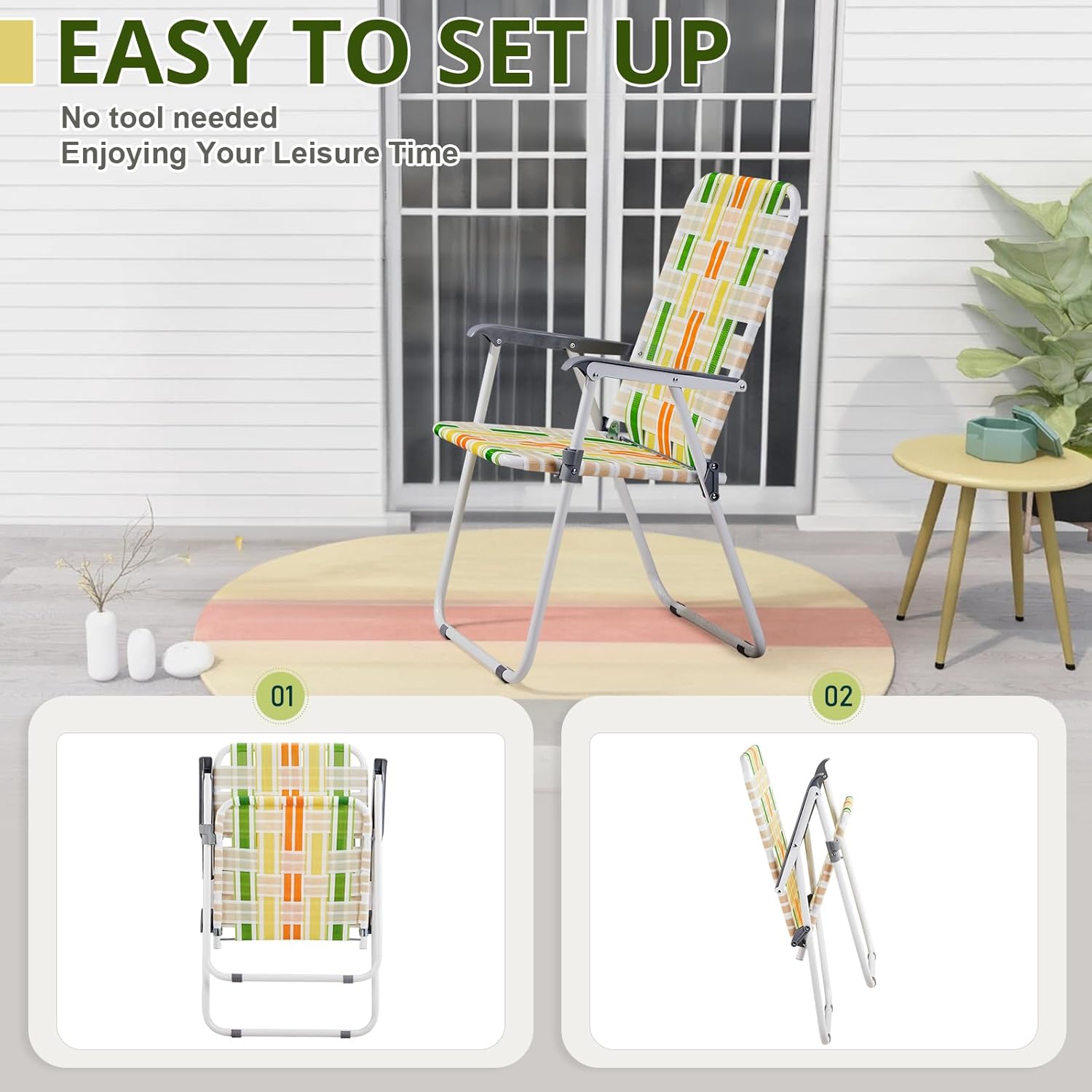 Set of 2 Webbed Folding Beach Chairs, Outdoor Patio Lawn Foldable Chairs for Camping Fishing Yard Poolside BBQ (Yellow & Green)