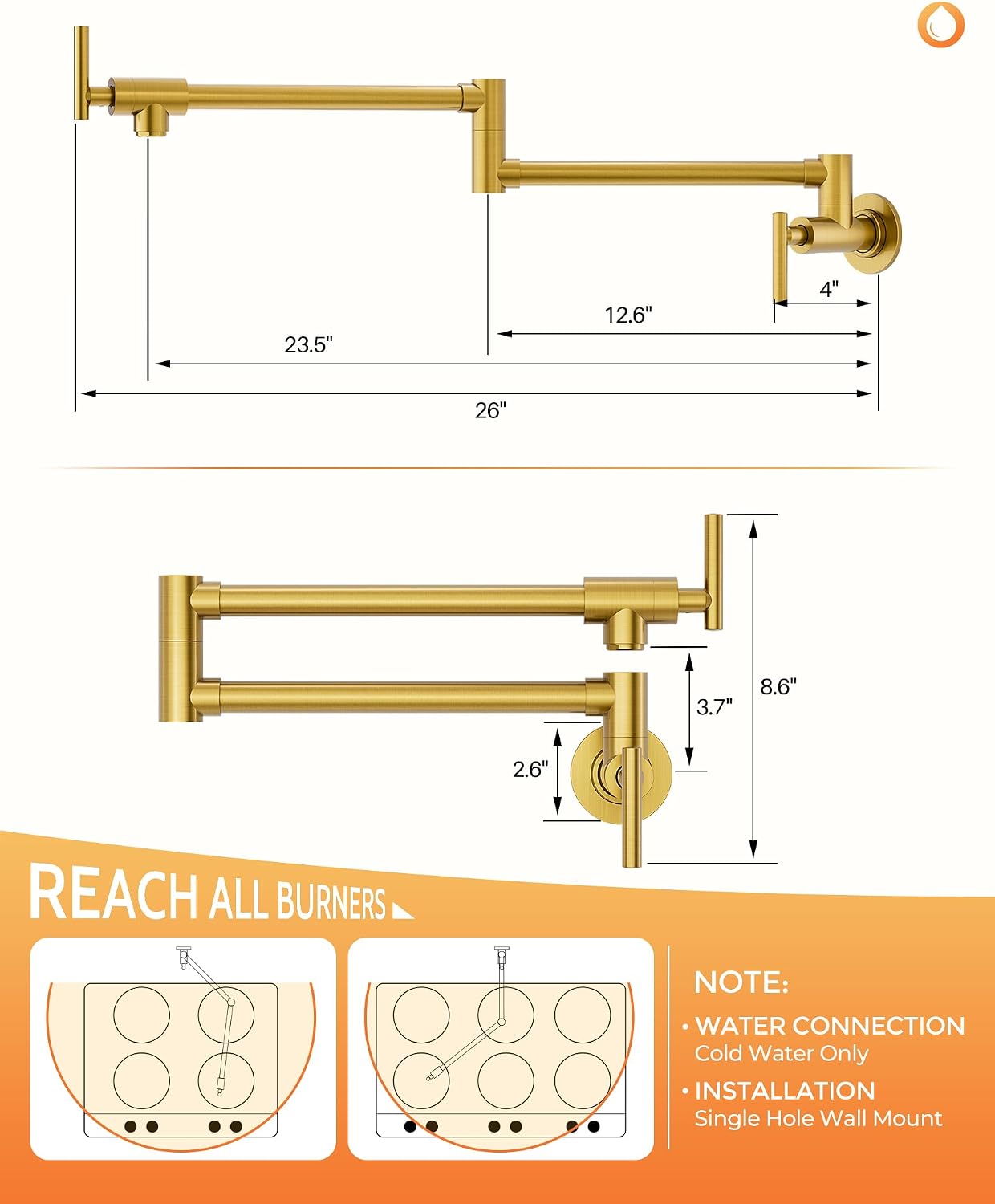 Brushed Gold Pot Filler Faucet - WOWOW 304 Stainless Steel Pot Filler Over Stove, Wall Mounted Kitchen Folding Faucet with Double Joint Swing Arms image 5