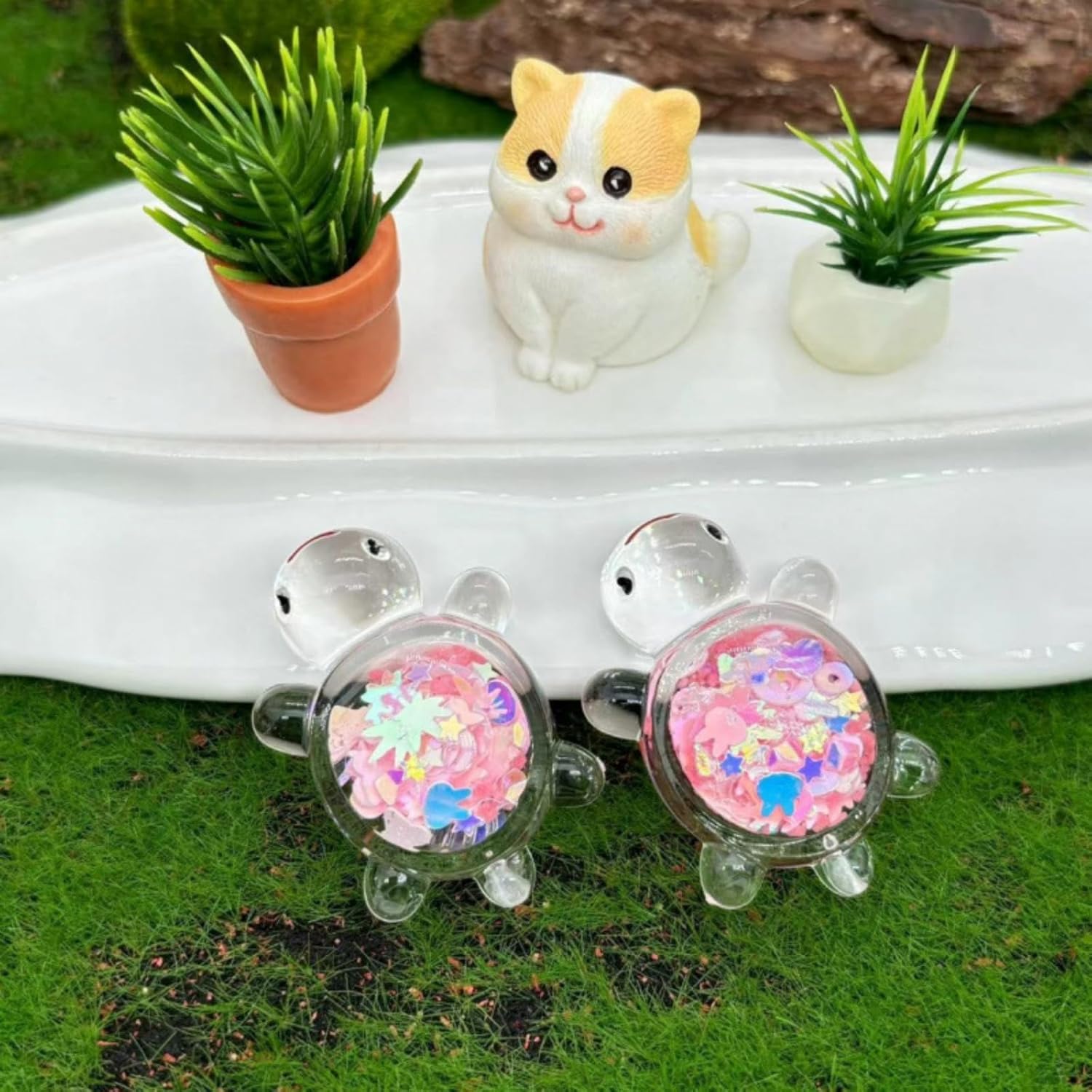 10PCS Phosphorescent Turtle Figurines – Glitter Resin Decor for Aquariums & Night Gardens | Mini Landscape Accents (Pink)