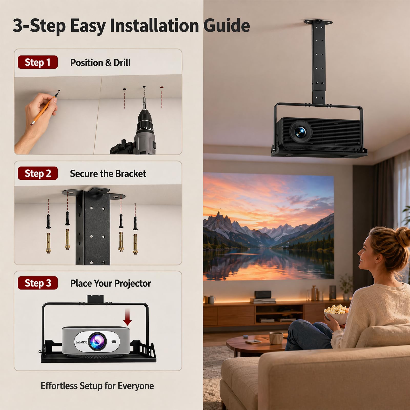 Support de Plafond Vidéoprojecteur Télescopique Réglable 30 à 56cm Noir, Support Universel Charge Max 10kg avec Etagère Ventilée et Guide-Câble Intégré pour Home Cinéma Bureau