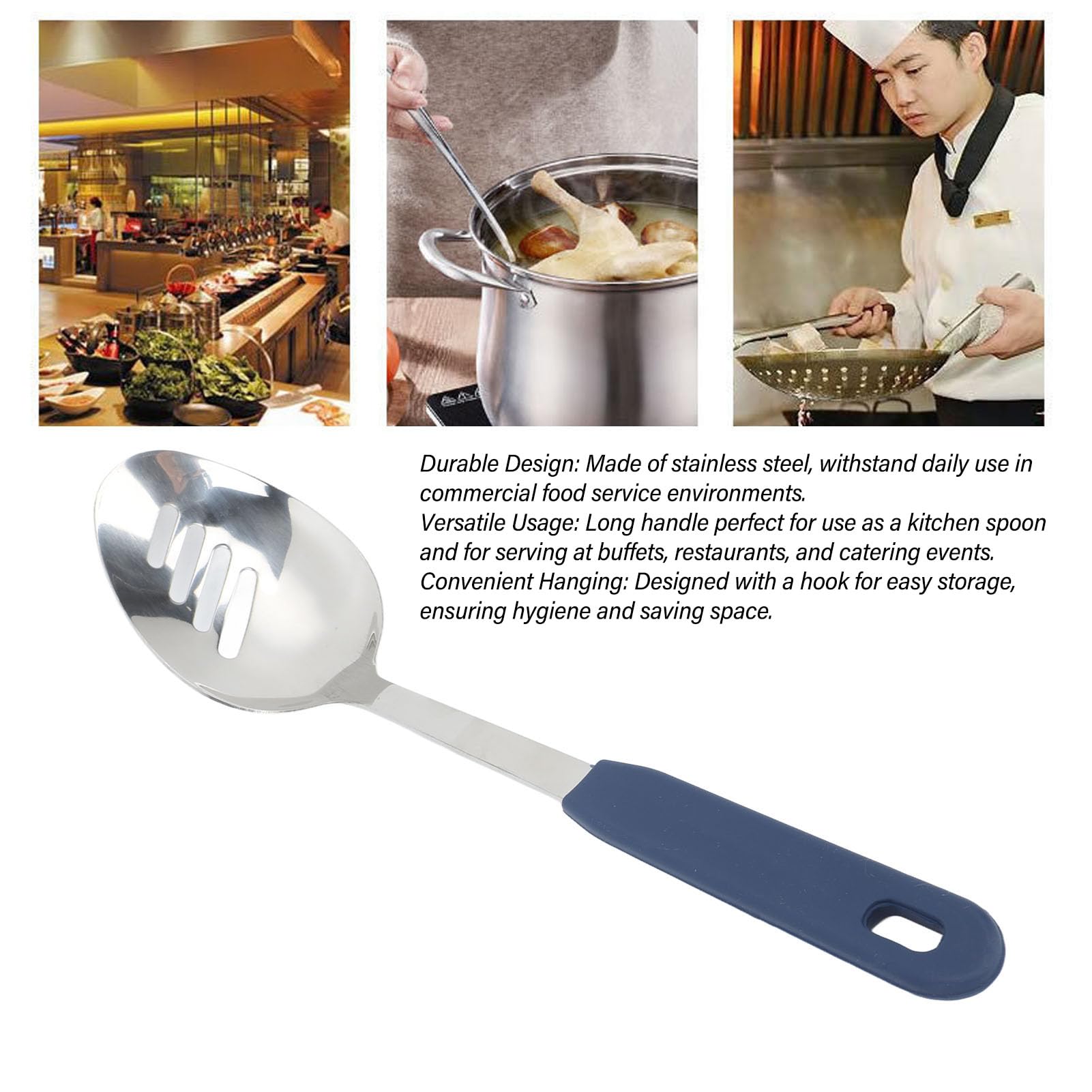 FLEXMAN Serving Spoons, Serving Spoons for Buffet, Stainless Steel Serving Spoons, Metal Serving Utensils with Long Handle for Service Buffets, Restaurants, Dining Establishments (with Hole)