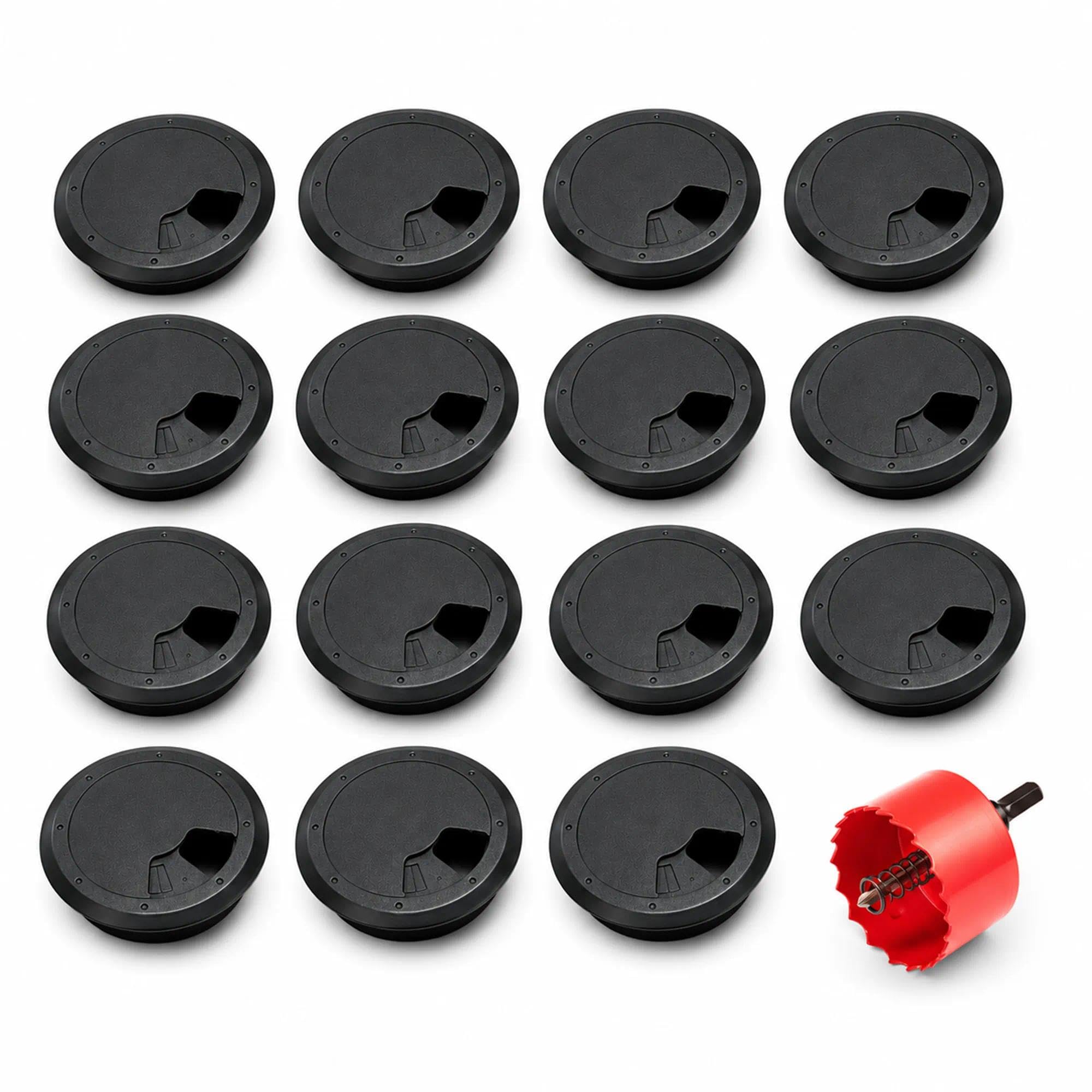 15 Pcs Thickened Desk Grommet 60mm with 60mm Hole Saw, Heavy Duty Desk Cable Grommet, Desk Cable Hole Cover, Office Computer Wire Management Grommets(Black)