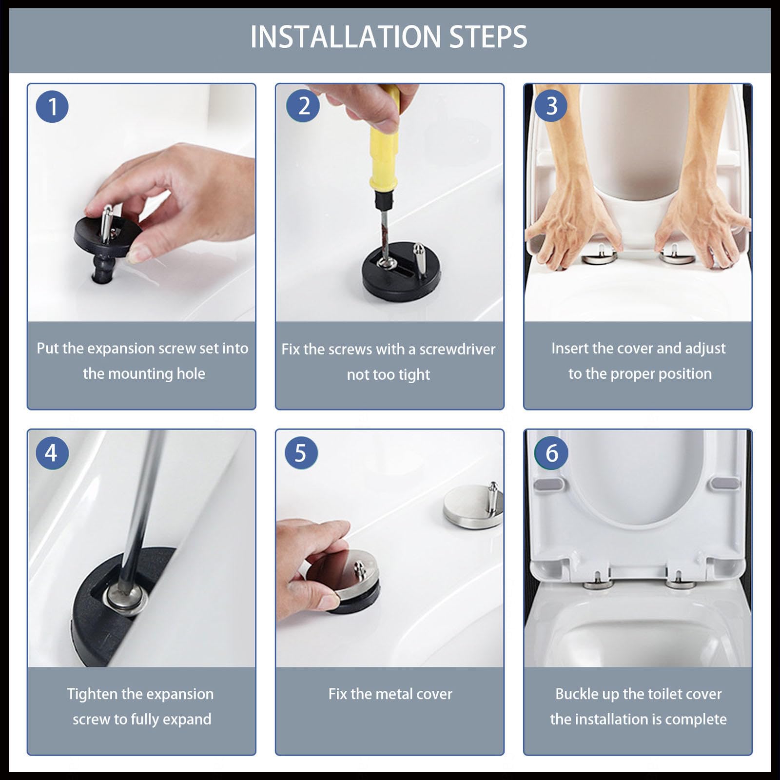 Sedile WC in plastica, chiusura rallentata, resistente, con cerniere rallentate, coperchio di fissaggio superiore, misura regolabile