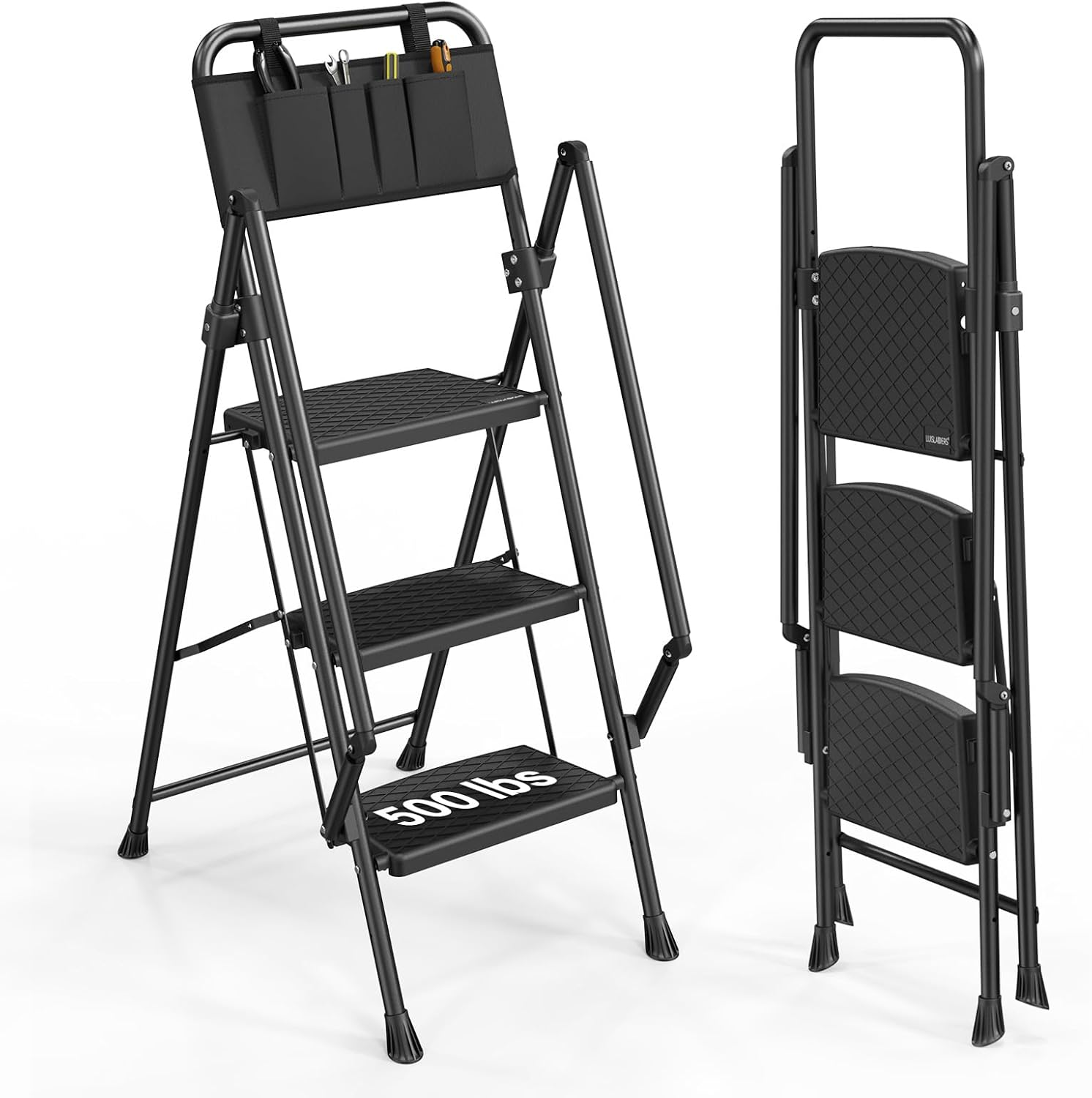 LUISLADDERS 3 Step Ladder with Handrails, Folding Step Stool with