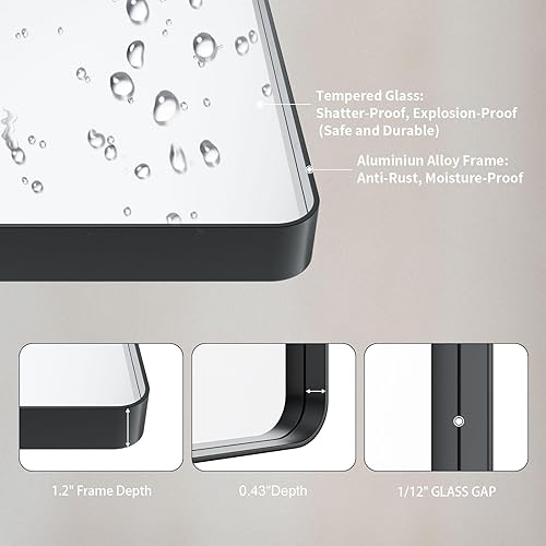 Miniatura 5 de LOAAO Espejo de baño con marco de metal negro de 60 x 30 pulgadas para pared, espejo de tocador de baño negro mate, espejo rectangular redondeado