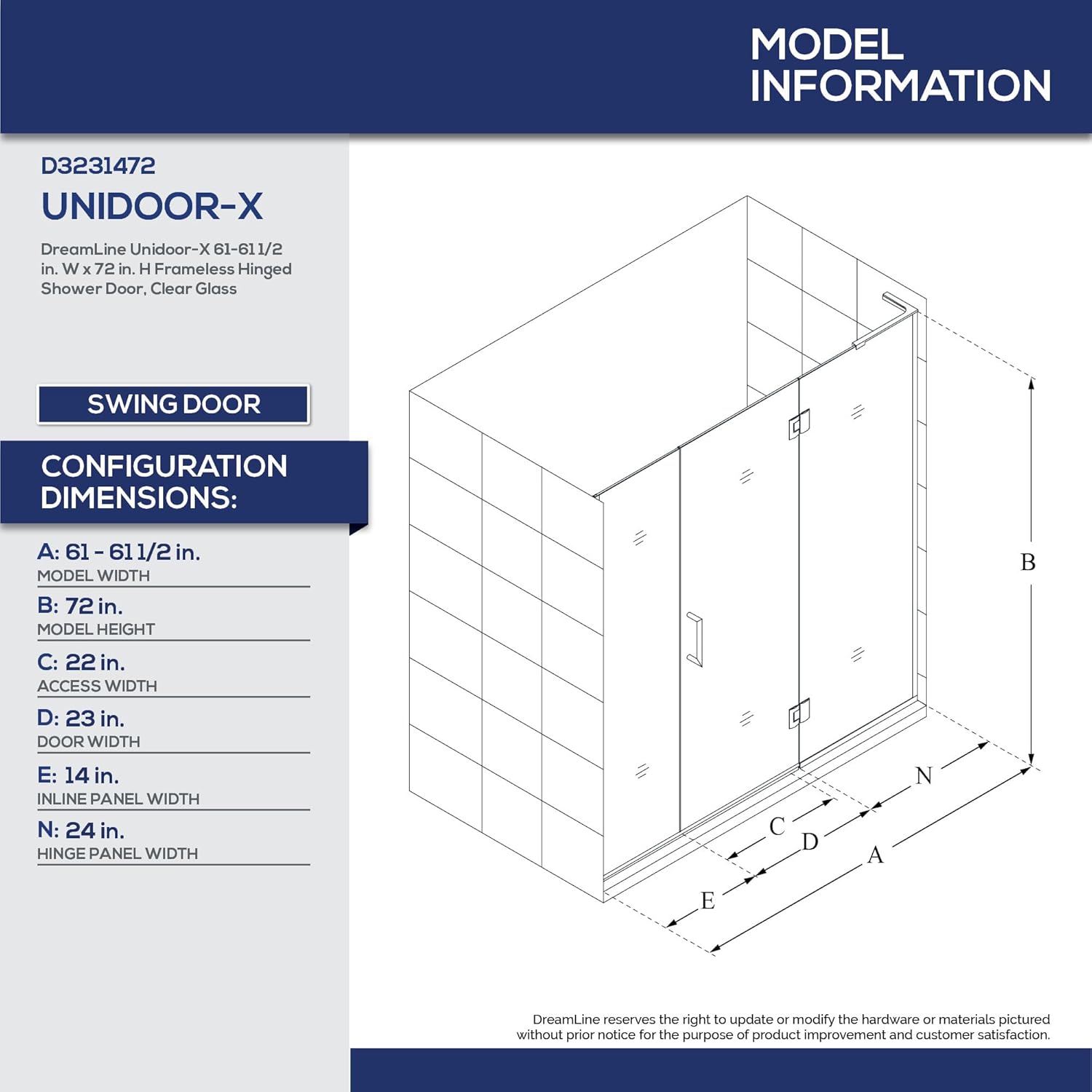 DreamLine Unidoor-X 61-61 1/2 in. W x 72 in. H Frameless Hinged Shower Door in Brushed Nickel