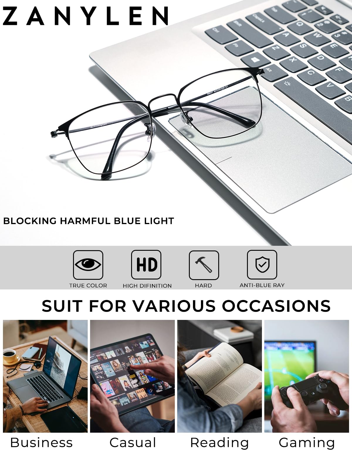 ZanyLen Occhiali con blocco della luce blu, per computer, gioco, TV, cellulare, per uomo/donna, montatura leggera in titanio