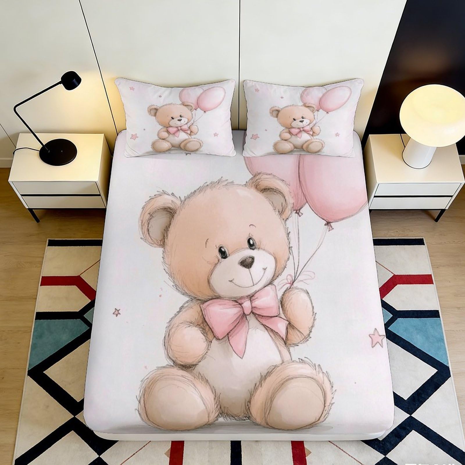 3D Printed Cute Teddy Bear Fitted Sheet Microfiber Soft Breathable Pink Balloon Bed Cover for Bedroom Dormitory Guest Room Mattress Protection 120x200x25cm
