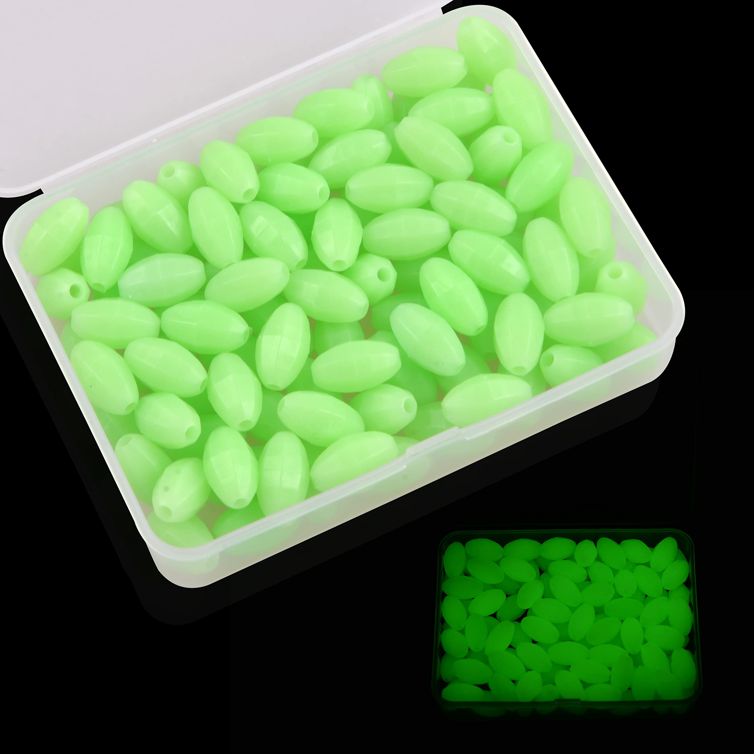 FUSIGO Fishing Glow Beads Assorted, 100pcs Luminous Fishing Beads Oval Plastic Beads Glow in Dark Fish Attractants Beads for Rigging Tackle