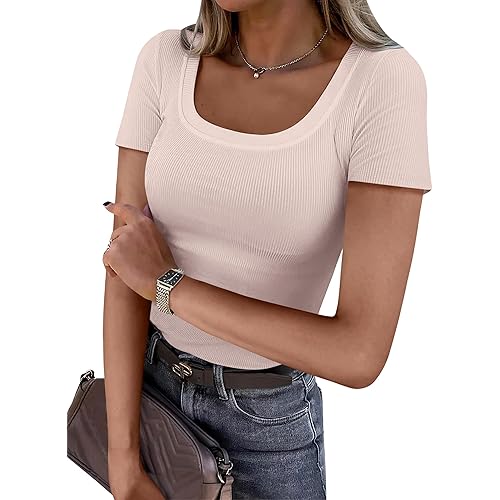 ANRABESS Women Short Sleeve Tops Scoop Neck Ribbed Knit Slim Fitted Basic Tee Shirt Casual Summer Clothes 2026 Spring Outfits