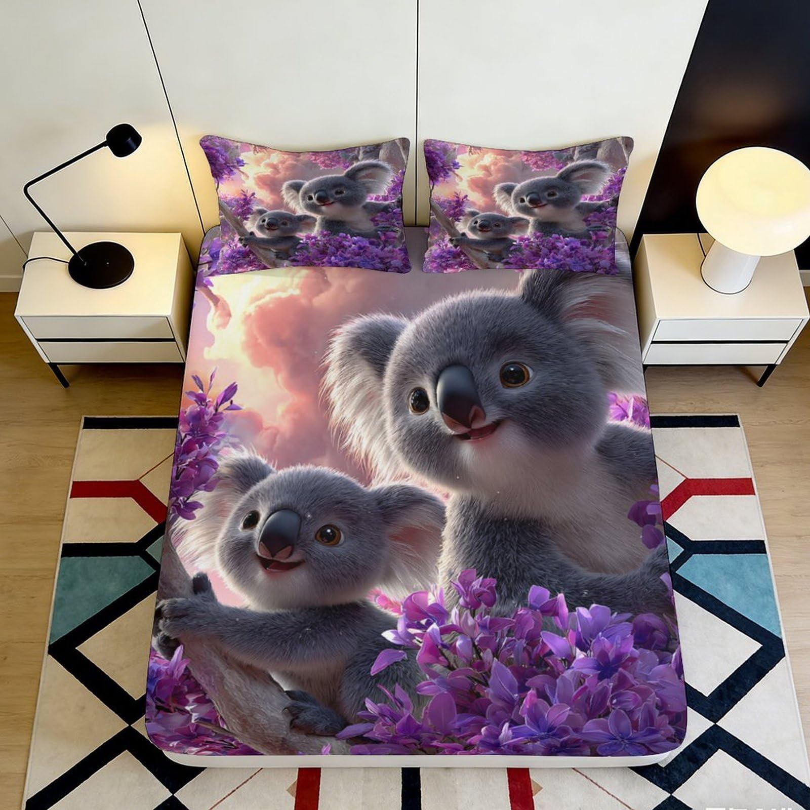 3D Printed Purple Koala Fitted Sheet Microfiber Deep Pocket Bedroom Bedding Koala Mattress Fitted Cover Elastic Hem Washable 200x200x25cm