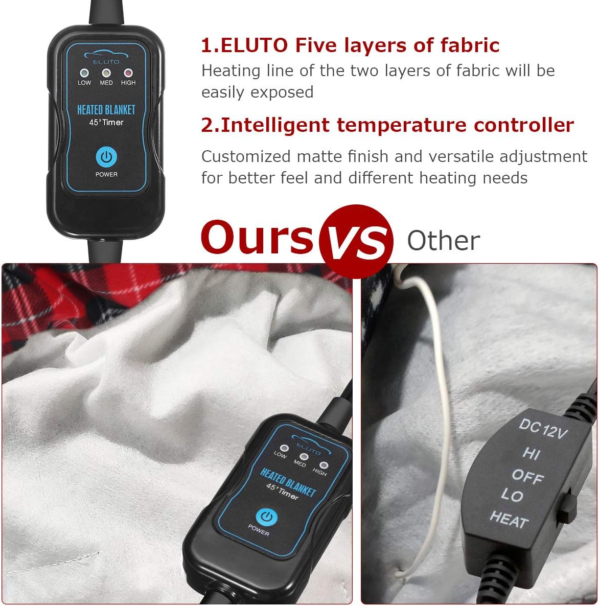 ELUTO Electric Blanket 12V Polar Fleece Blanket Travel Electric Blanket for Trucks Winter Cold Weather Blanket 60 x 43.5 Inch: Automotive