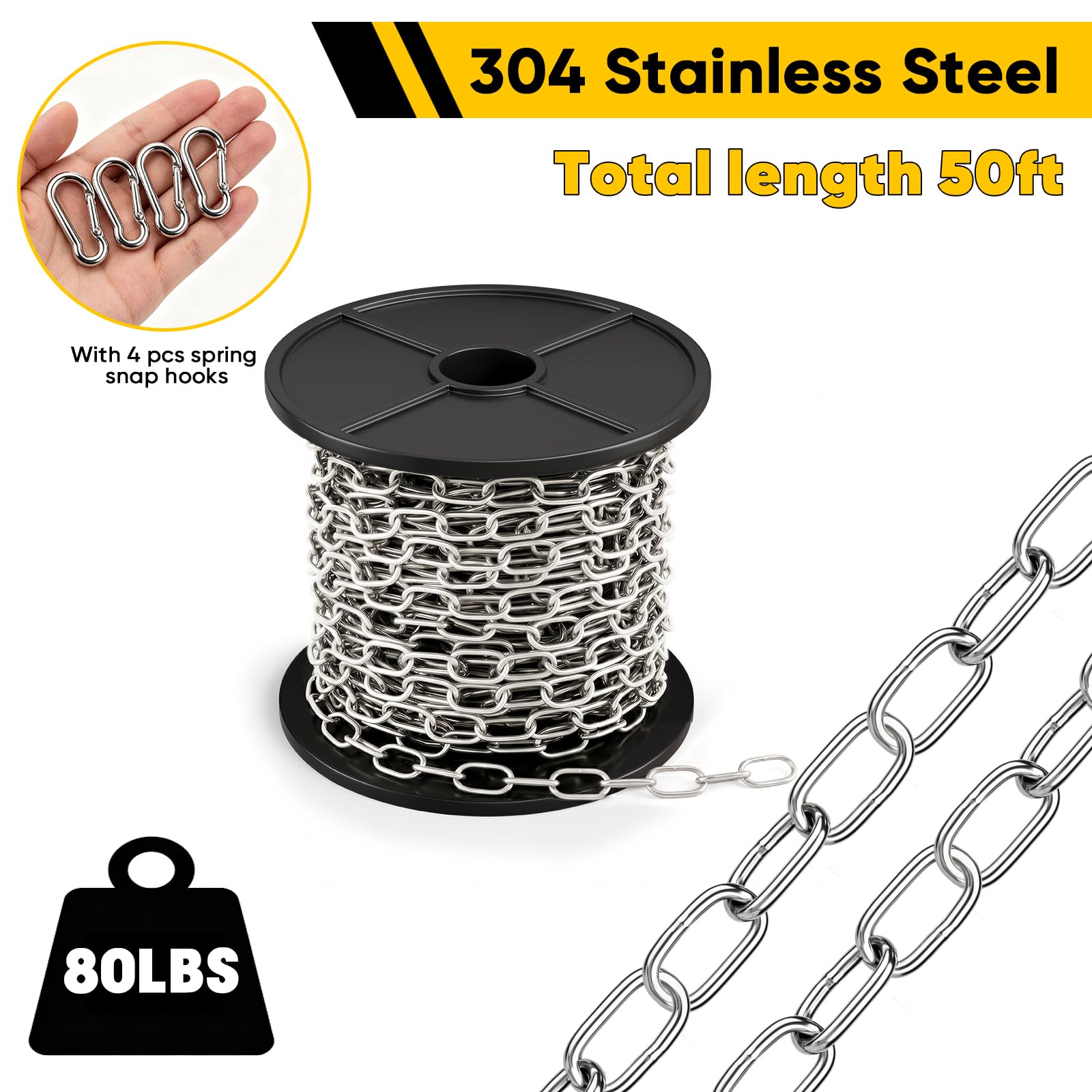 50 Feet 304 Stainless Steel Hanging Jack Chain, with 4 Spring Snap Hooks — Amazon image 8