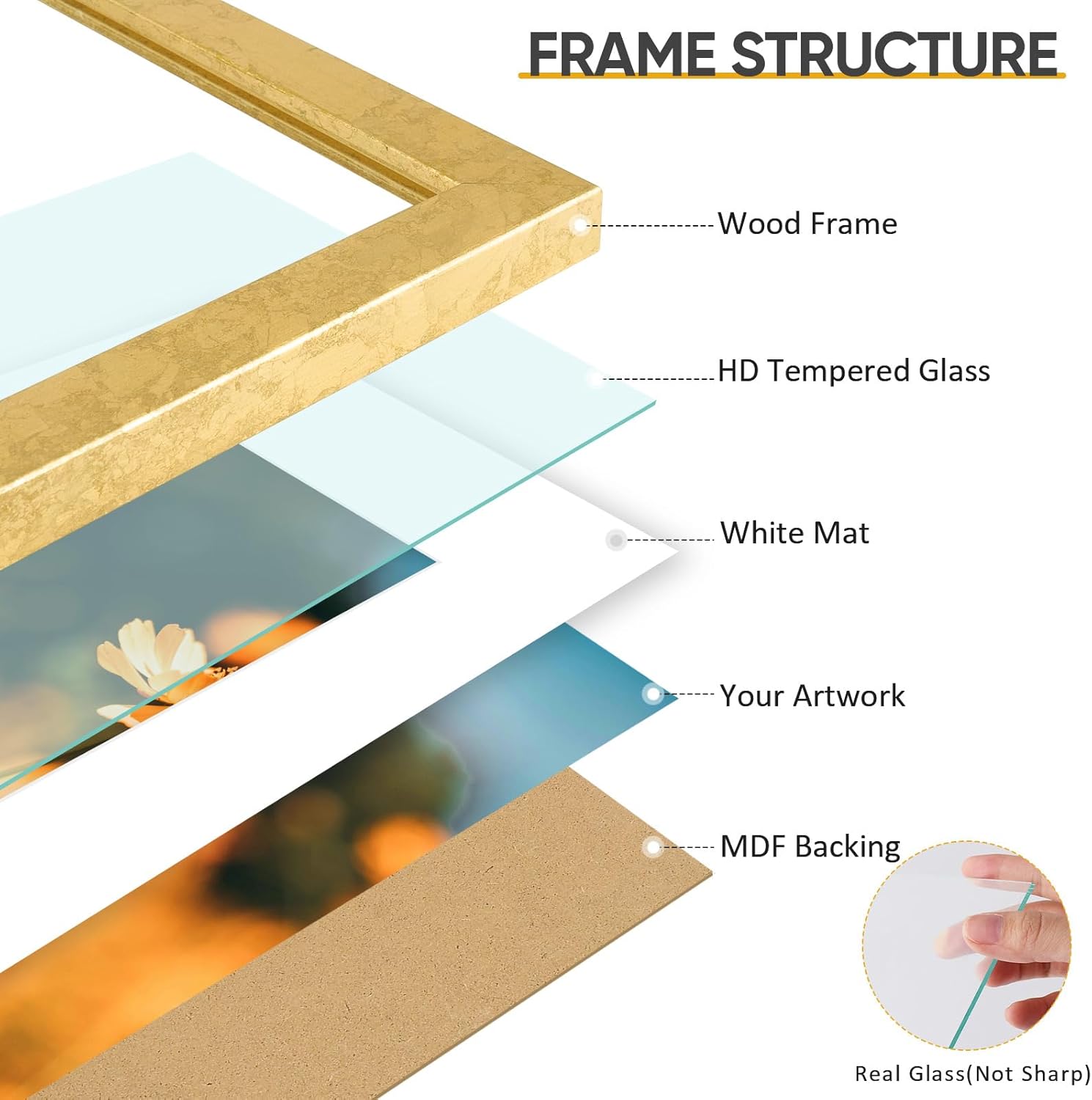 Golden State Art, 11x17 Picture Frame Gold - Solid Wood &Real Glass - Display 8x12 with Mat or 11x17 without Mat, Photo Frame for Wall Mounting Display