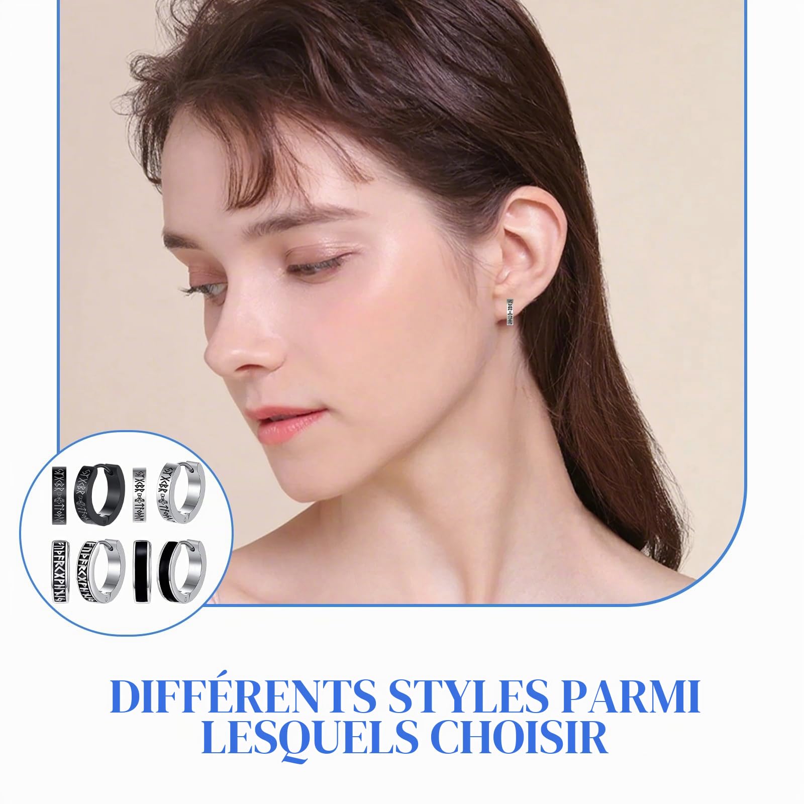 4 Paires Viking Homme Boucle d'Oreille Runes Nordiques Créoles Acier Inoxydable Boucle d'Oreille Homme Créole Petit Anneau 1,2 cm Boucles d'oreilles Noir Argent Piercing Oreille Männer Femme