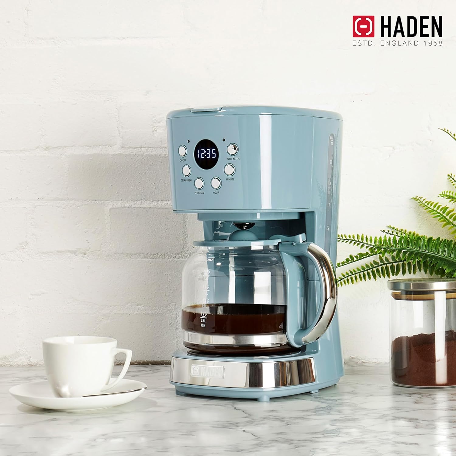 HADEN Brighton Coffee Machine, 12 Cup Programmable Drip Coffee Maker with Auto Shut-Off Function and Reusable Washable Water Filter, Sky Blue & Chrome