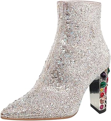 XYD Women Sparkly Rhinestones High Chunky Crystal Heel Ankle Boots Closed Pointed Toe Short Bootie Evening Party Prom Dress Shoes with Side Zipper