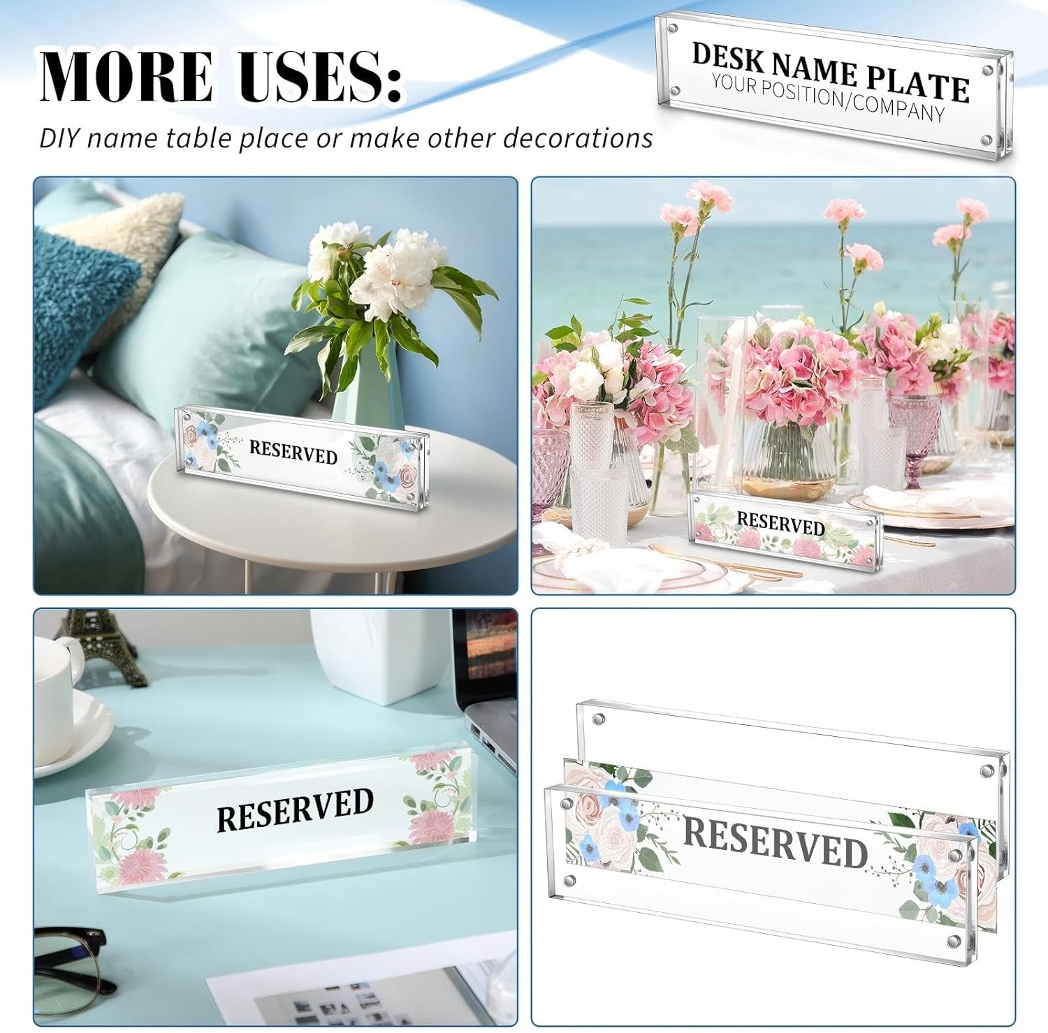 Geetery 2 Pcs Acrylic Office Desk Name Plate Personalized Clear Acrylic Block Double Sided Table Name Plate Holder Business Magnet Frame DIY Desktop Holder Accessories Decor (2" x 8") - Image 4