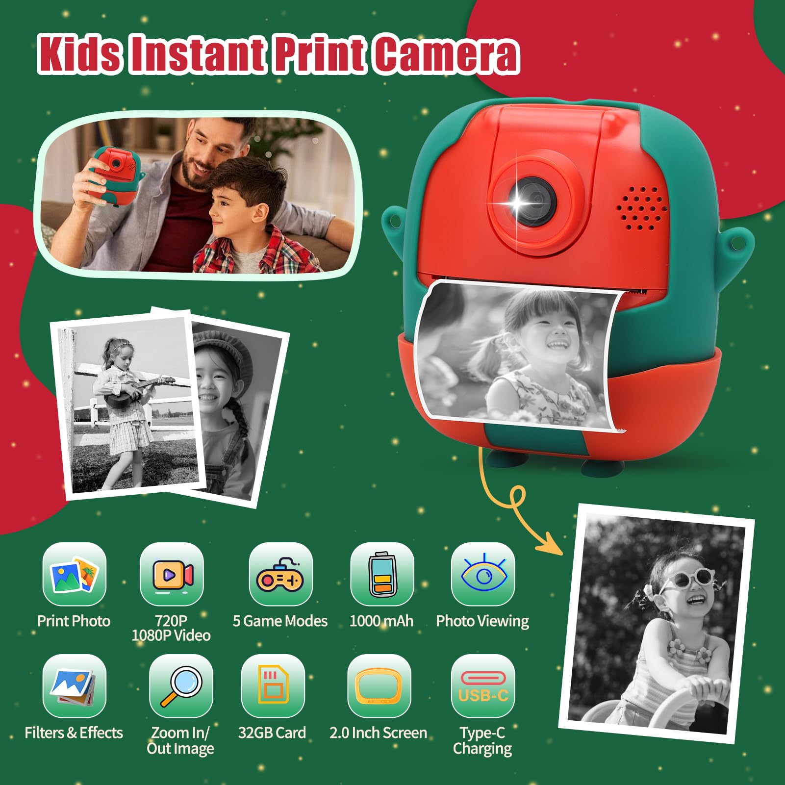 Macchina fotografica di stampa istantanea per i bambini, 24MP & 1080P bambini fotocamera digitale, Natale regalo di compleanno per la ragazza ragazzo età 3-12, stampa foto in bianco e nero (Natale)
