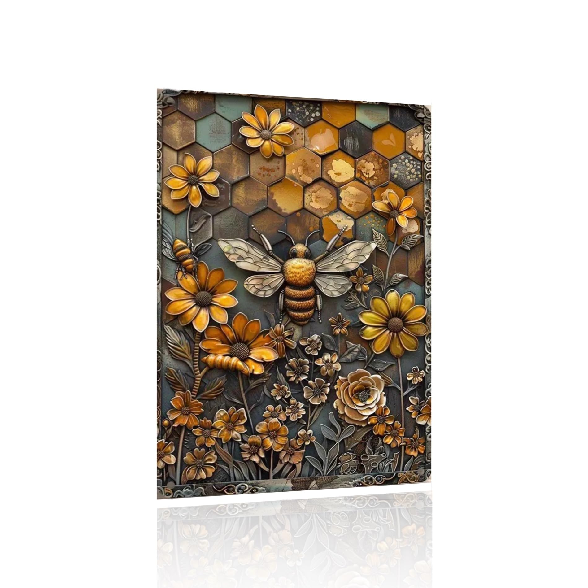 Decopix Bee Metal Wall Art Decor 8x12 Inch, Flat Printed 3D Effect Honeycomb Floral Tin Sign, Rustic Nature Wall Decor for Kitchen Bathroom Living Room Garden