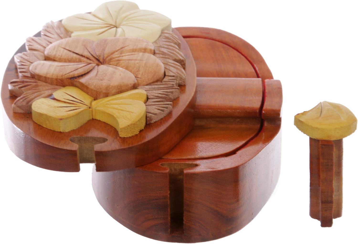 Handcrafted Wooden Flowers Shape Oval Secret Jewelry Puzzle Box - Flowers