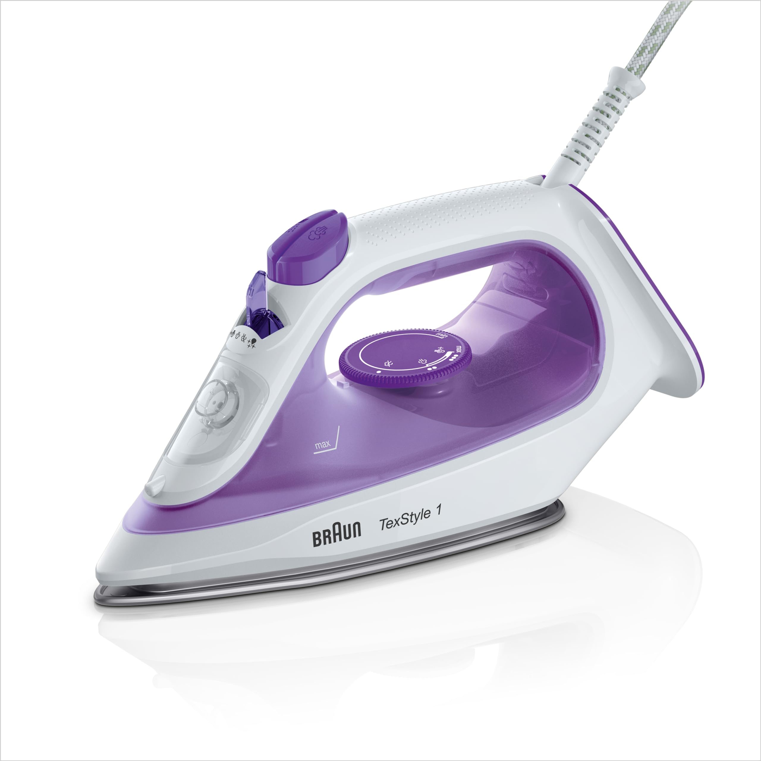 Braun TexStyle 1 Plancha de V apor con Suela con Revestimiento SuperCeramic, Planchado Ligero y Rápido, Calentamiento Rápido, Modo Eco, Rellenado Fácil 220ml, 2000W, SI 1080 VI, Blanco, Violeta