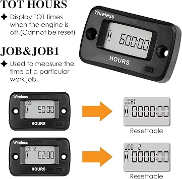 Jayron Digital Wireless Hour Meter,Vibration Activation,Programmable Maintenance Reminder,Resettable Job Timer,User Lock,for Generator Marine ATV Lawn Mower Motor and Equipment that Vibrates at Work