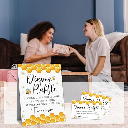 Miniatura 5 de Juego de baby shower, incluye 1 letrero de rifa de pañales y 50 boletos para rifas de pañales, suministros de decoración de baby shower Sweet as can