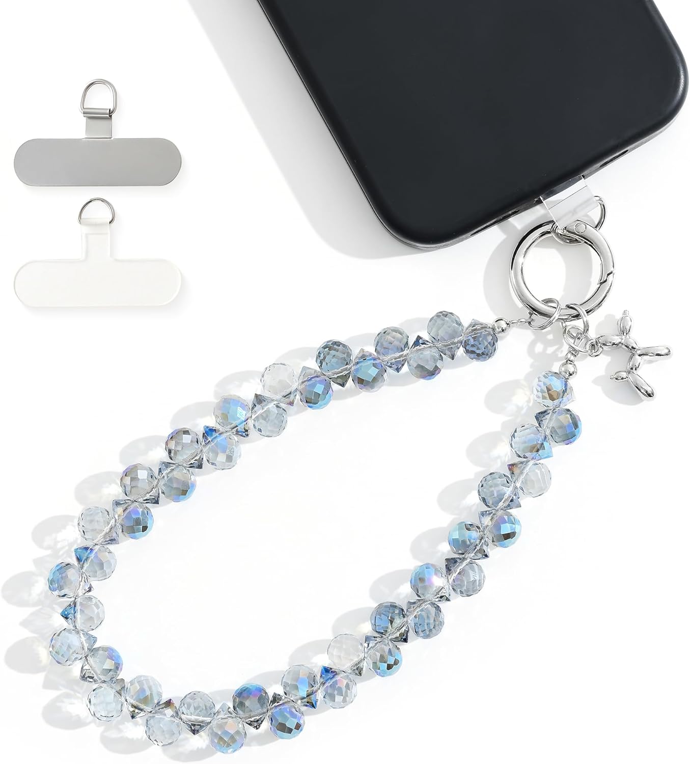 Crystal Phone Wrist Strap Phone Charm Chain Keychain Beaded Cellphone Lanyard with Tether Tab Hands-Free Wristlet Bracelet Wrist Grip Strap for Women, D-Light Blue - Image 2