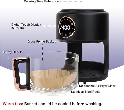 Miniatura 8 de Freidora de aire de vidrio de 4.7QT, freidora de aire con vista de 360, vidrio no tóxico, modos de cocción preestablecidos 6-EN-1, pantalla digital,