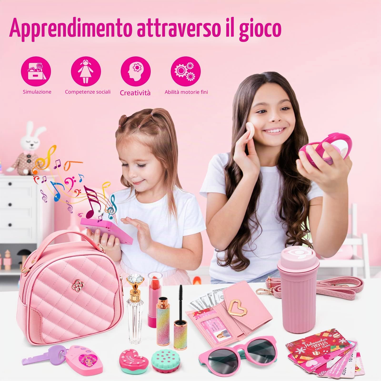 Borsetta per Bambina con Accessori Giocattolo, Trucchi Bambina, Telefono Giocattolo con Luce e Suono Portafoglio Carta di Credito Bottiglia d'acqua, Regali di Compleanno di Natale per Ragazze 3+ Anni