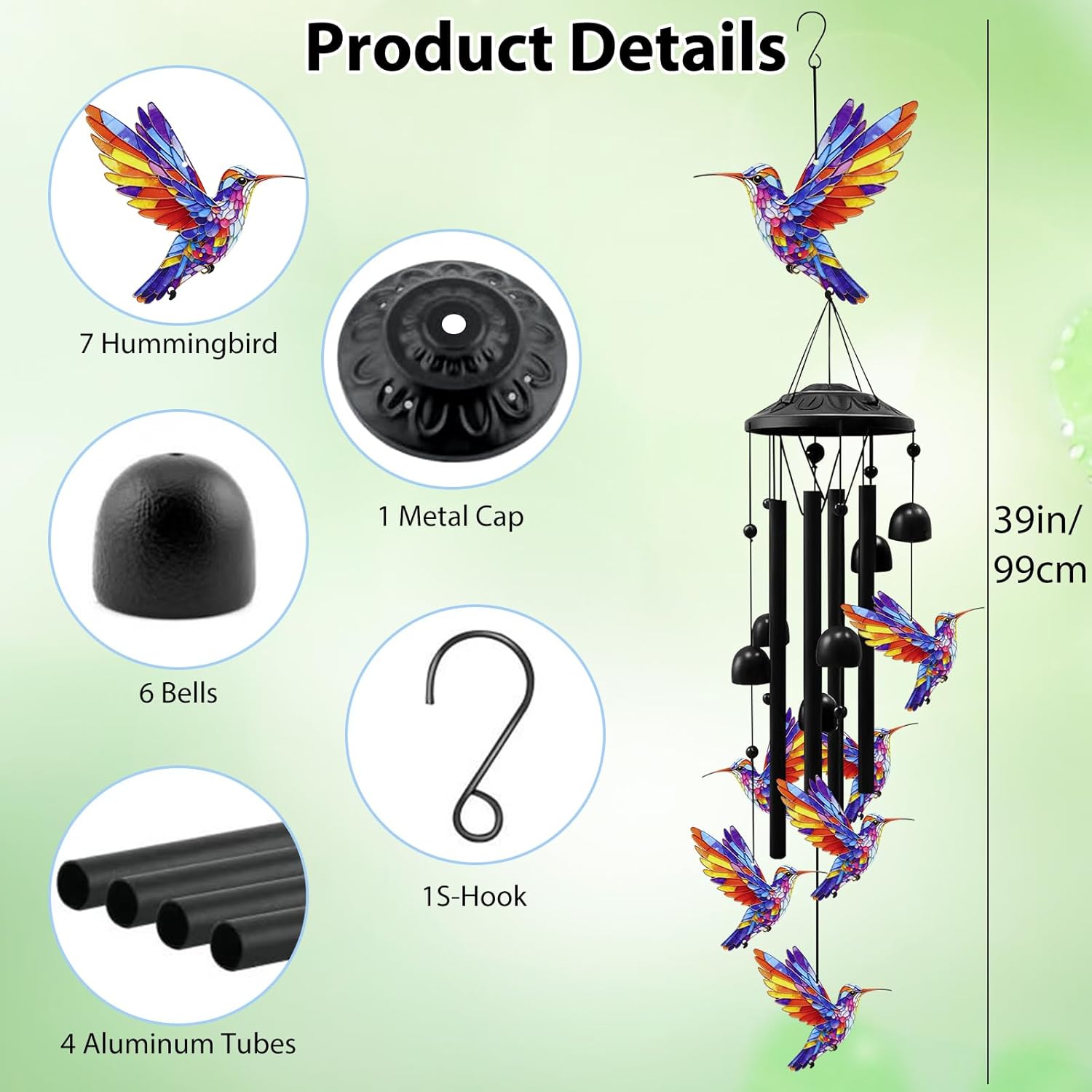 Hummingbird Wind Chimes for Outside,Metal Windchimes,Hummingbird Gifts for Women/Men,Durable Wind Chime Garden Decor Outdoor,Memorial/Housewarming/Birthday/Festival Gifts,Front Yard Decor