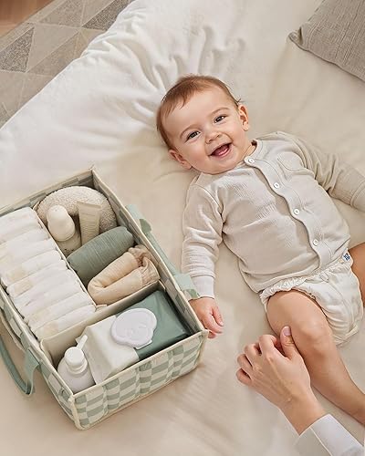 Miniatura 6 de Blissful Diary Organizador de pañales a cuadros, elegante cesta de almacenamiento para guardería, regalo para baby shower, artículos esenciales para