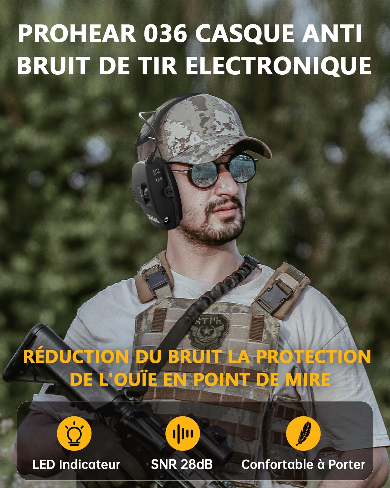 PROHEAR 036 Casque Anti Bruit de Tir Electronique Silicone Coussinets d'oreille Remplaçable, SNR 28dB/NRR 23dB Réducteur de Bruit, Protection Auditive de Amplificateur Sonore