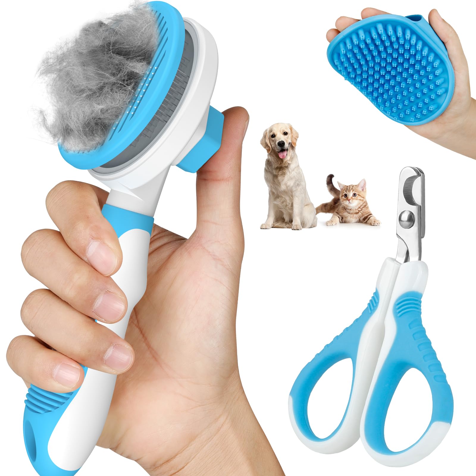 Comotech3PCS Cat Grooming Kit | Cat Brush | Cat Brushes for indoor Cats | Cat Nail Clipper | Cat Nail Trimmer | Cat Bath Brush | Cat Brush for Shedding - Premium Cat Supplies (Blue)