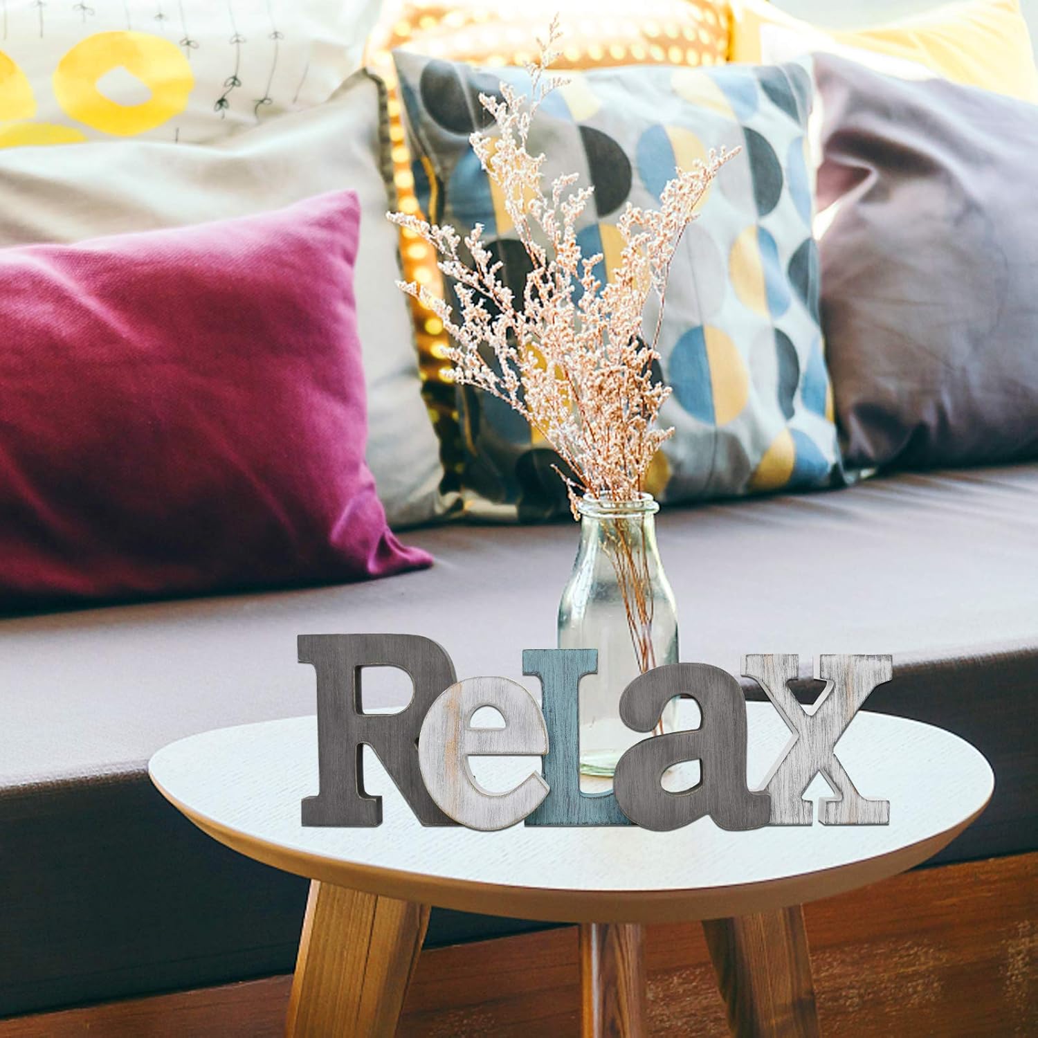 Rustic Wood Home Sign Décor, Decorative Block Word Sign Home Letters Sign, Hanging Wooden Home Cutout Word Sign Wall Décor Home Wall Decoration (Welcome + Relax)
