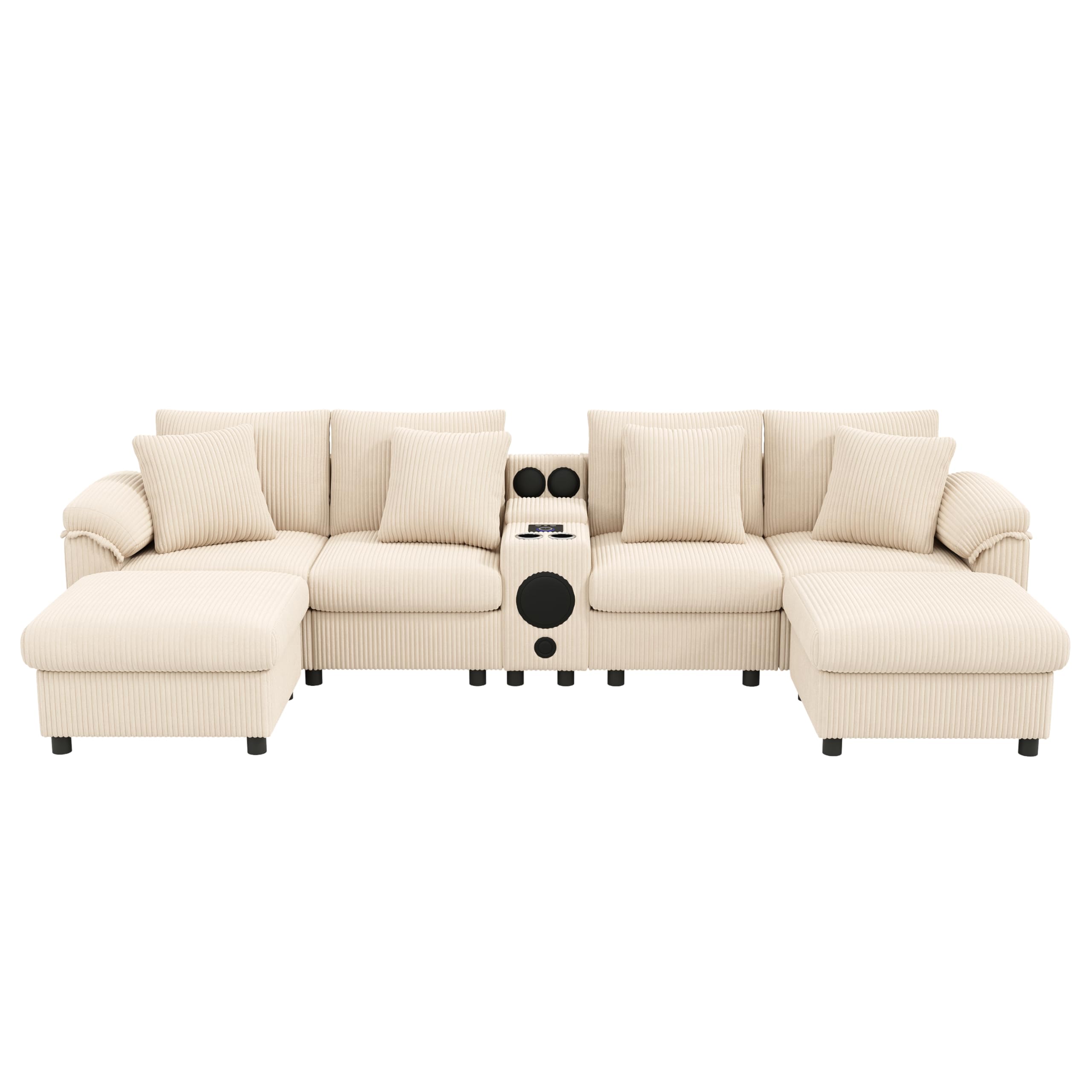 Sofá modular de pana en forma de U y L con consola, sofá esquinero con espacio de almacenamiento, portavasos y cojines, color beige