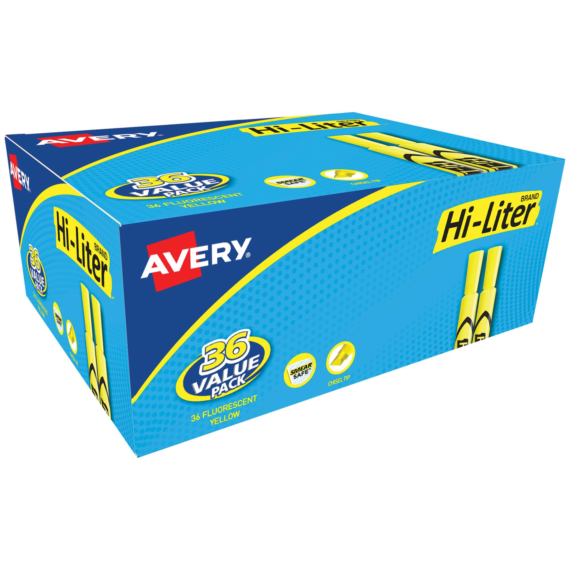 AVERY Hi-Liter Textmarker im Schreibtisch-Stil, wischsichere Tinte, Keilspitze, 36 fluoreszierende gelbe Textmarker (98208)