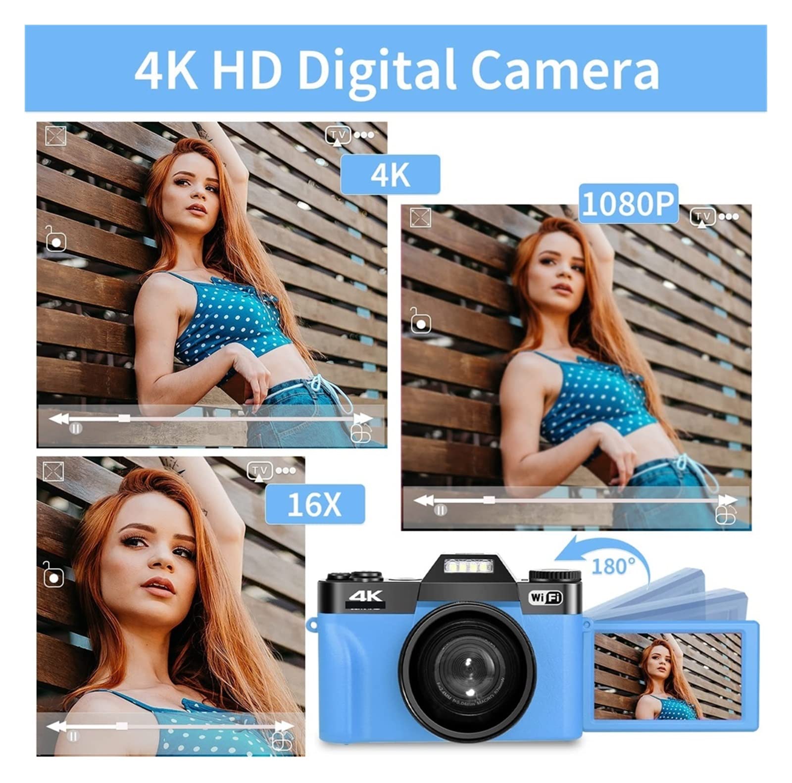 48MP 4K Fotografia Fotocamera digitale Flip Screen Selfie Videocamera Wide Macro Lens Videocamere Time Lapse Regalo per principianti(NO TF Card,With Lens)