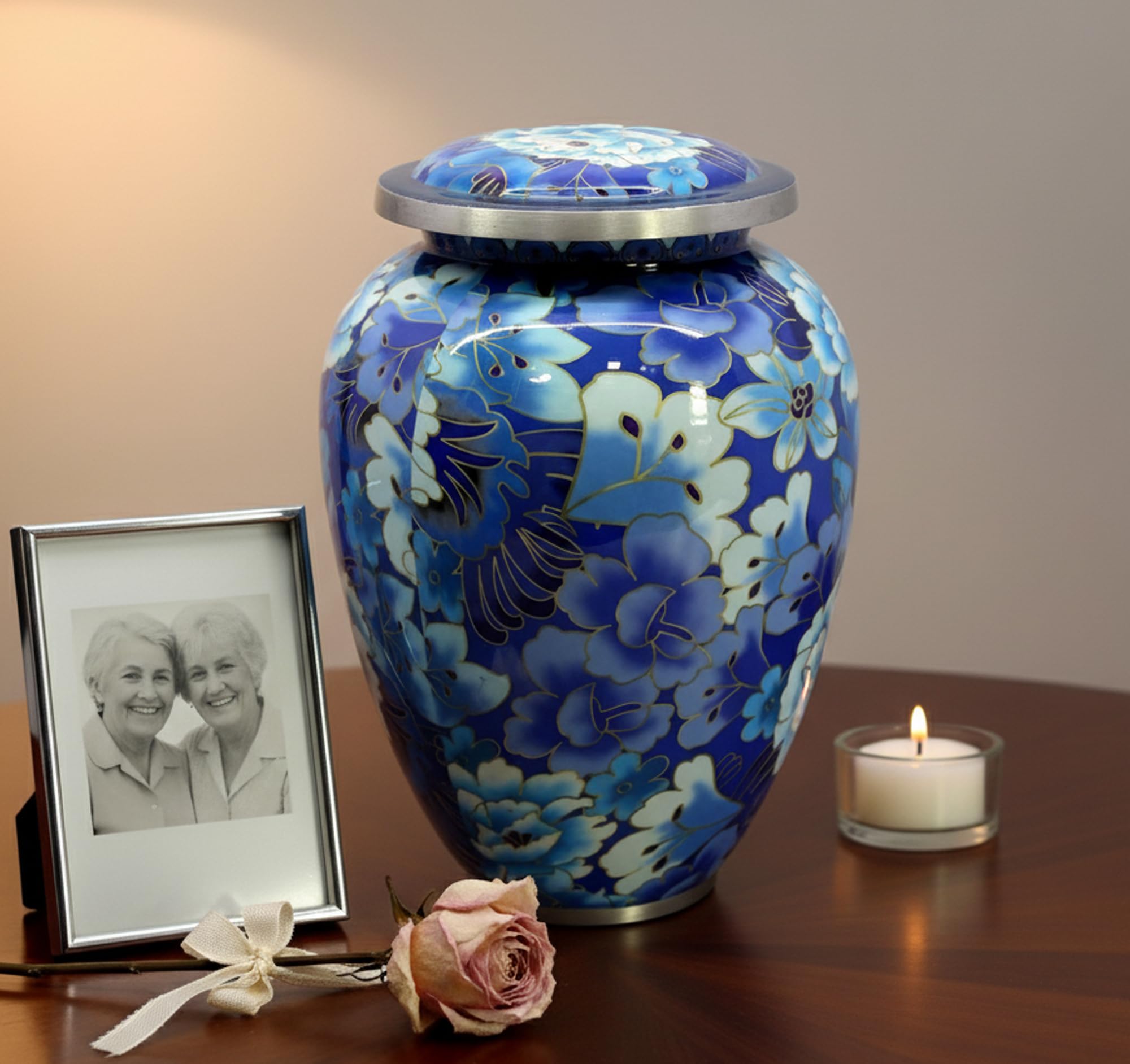 eSplanade Urna de cremación conmemorativa para cenizas humanas | Urnas funerarias de entierro | Floral azul - 10 pulgadas (tamaño completo)