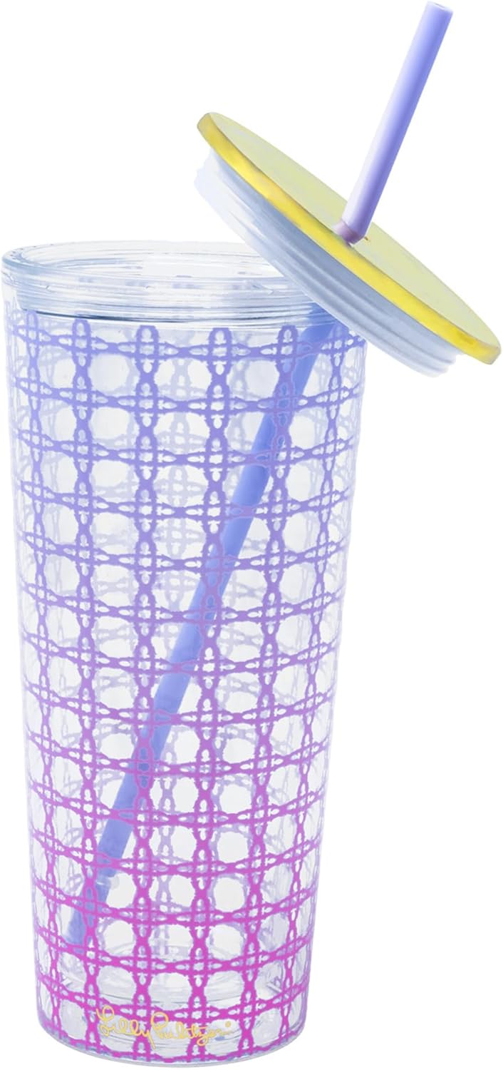 Lilly Pulitzer Double Wall Tumbler with Lid and Reusable Straw, Iced Coffee Cup with Lid, Insulated Travel Cup Holds 24 Ounces, Ombre Caning - Image 2