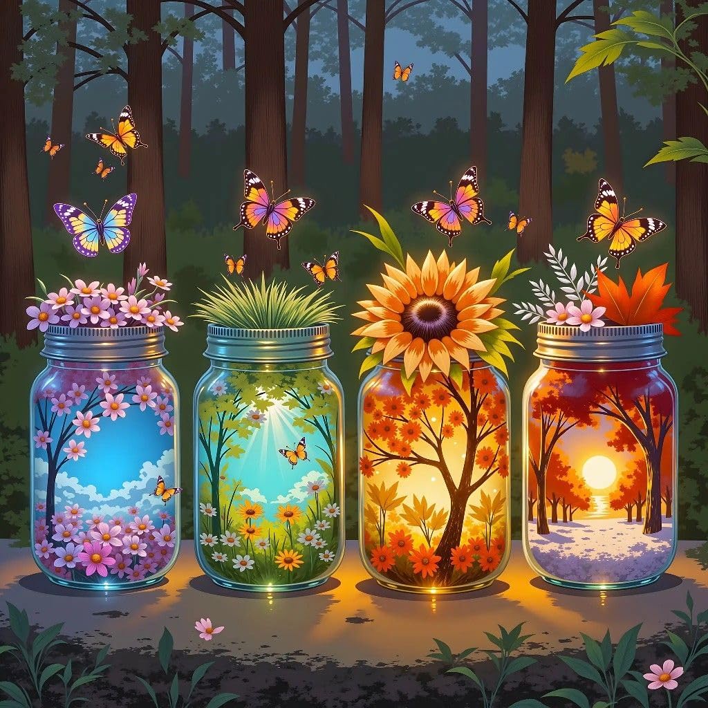 Stalente Diamond Painting Kits for Adults Four Seasons Vase, 5D DIY Diamond Art Kits for Beginners Round Full Drill Diamond Painting for Home Wall Decoration Gift 12×12inch, Glass Jar