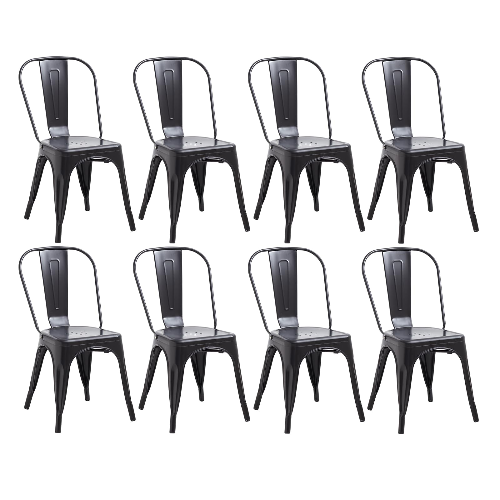 Juego de 8 Sillas de Comedor de Estilo Industrial Retro, Aspecto de Metal, Diseño Apilable, Sillas para Pestaurantes, Bistrós, Cafeterías, Bodas en el Jardín - Negro